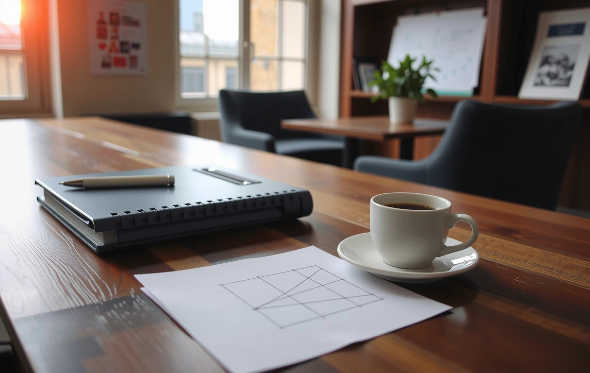 Detail shot of a workspace with a diagram and coffee