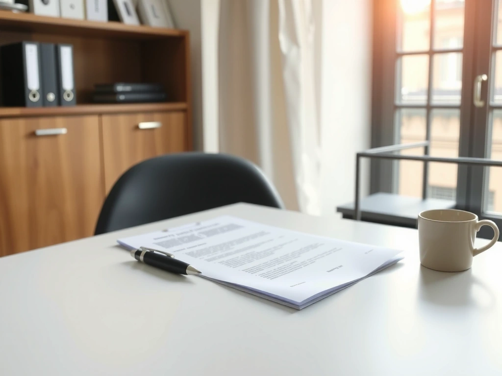 Clean desk with document and pen in Parisian office